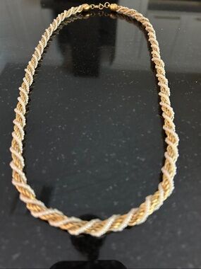 Vintage 80’s Gold Tone & Faux Seed Pearls Twisted Rope  Chain Necklace